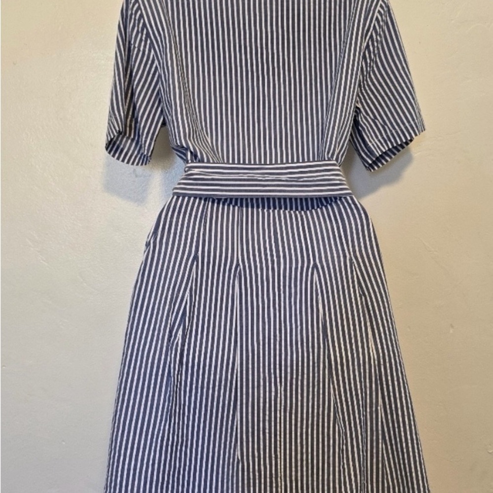 Elle Navy and White Striped Midi Shirt Dress with Tie Waist - Picture 3 of 5